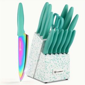 14-Piece Rainbow Colored High Carbon Stainless Steel Kitchen Knife Set, Titanium Coated Blade, Rust-Free & Super Sharp, Flatware Set With Wooden (Color: Green)